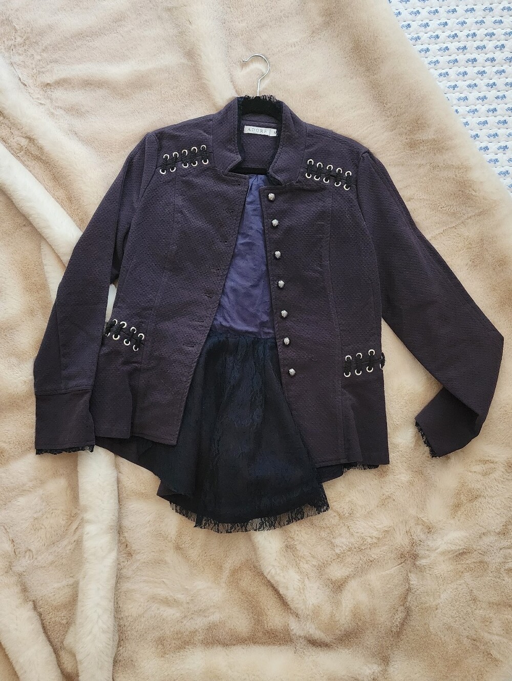 ADORE Military Style Steampunk Inspired Button Up Jacket Size M With Lace Trim